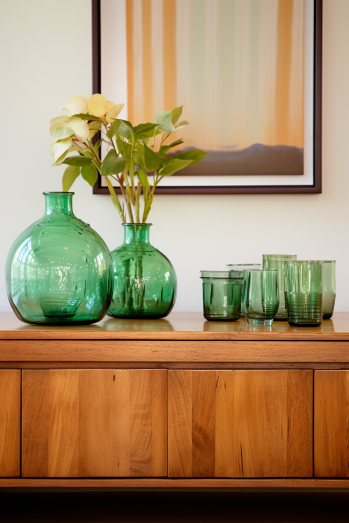 A wooden dresser with green vases and a painting, creating a focal point.