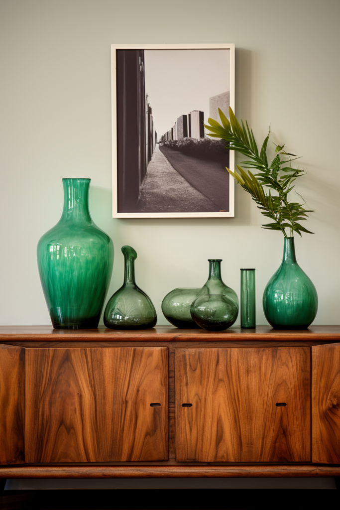 Green vases serve as an anchor on a wooden dresser, bringing a natural and refreshing touch to the living and dining areas. These vibrant vases add visual interest and can become the focal point of the