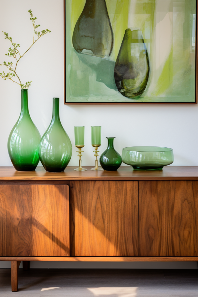 A wooden dresser with green vases and a painting that serves as a focal point in living and dining areas.