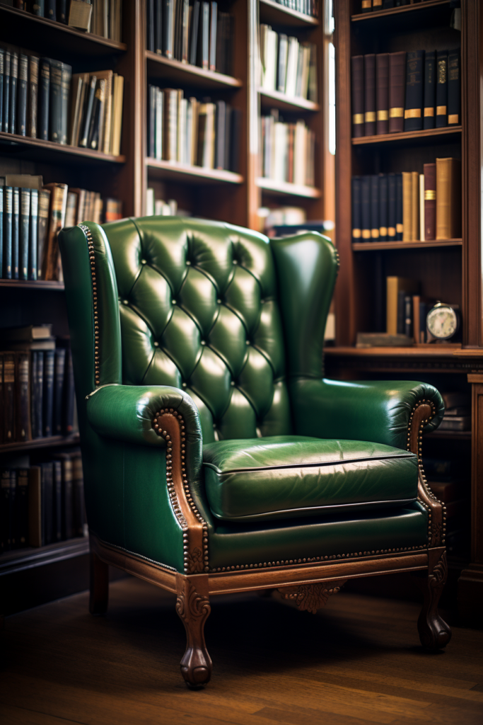 Creating a focal point, a green leather chair anchors the library.