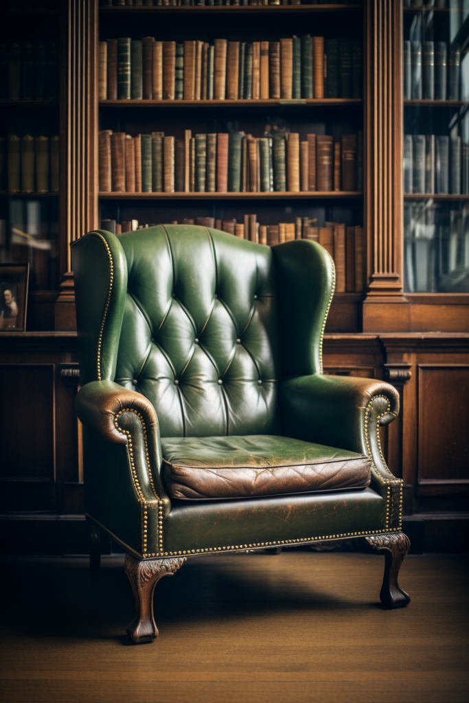 A green leather chair serves as the focal point in a living area, positioned gracefully in front of a bookcase.