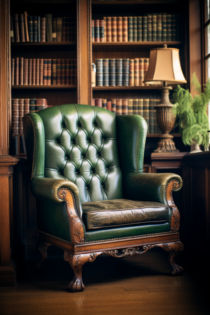 A green leather chair, acting as an anchor, situated in front of a bookcase, becomes the focal point of the living and dining areas.