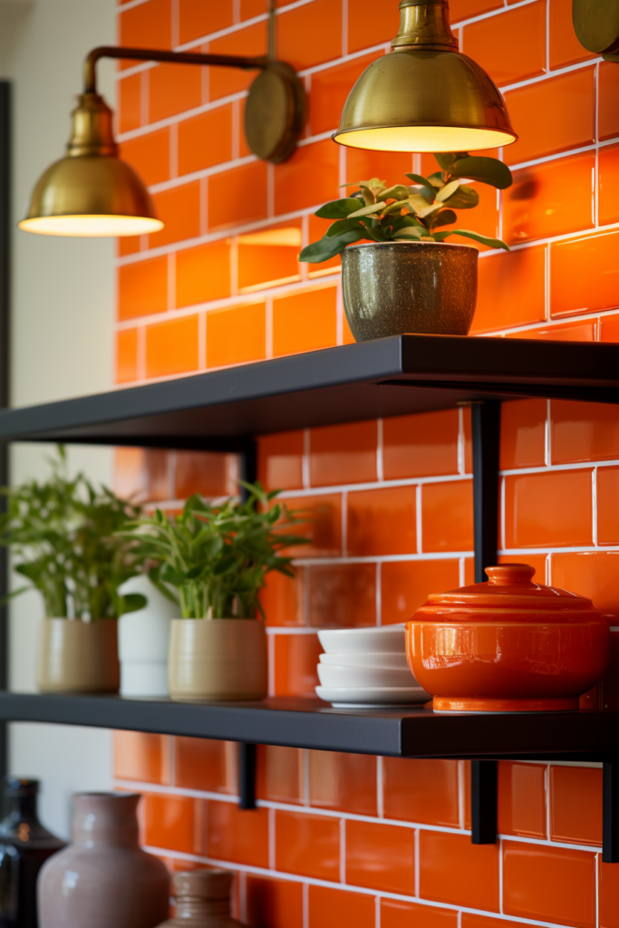 An orange tiled wall creating a vibrant focal point in the living and dining areas.