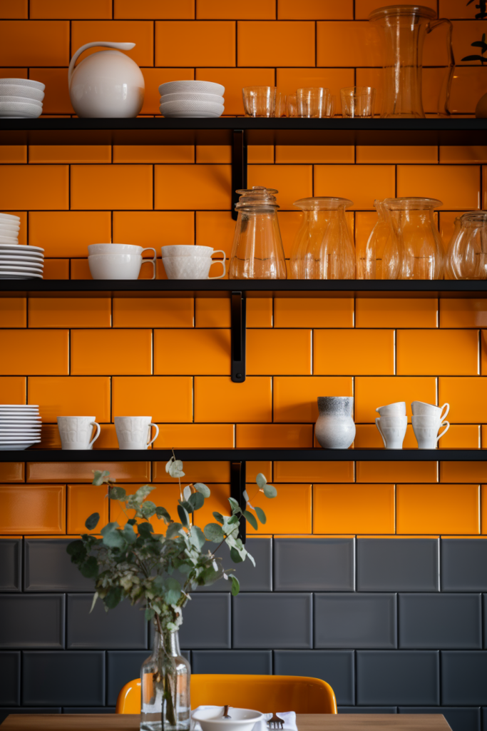 An orange tiled wall creating a focal point with a table and chairs.