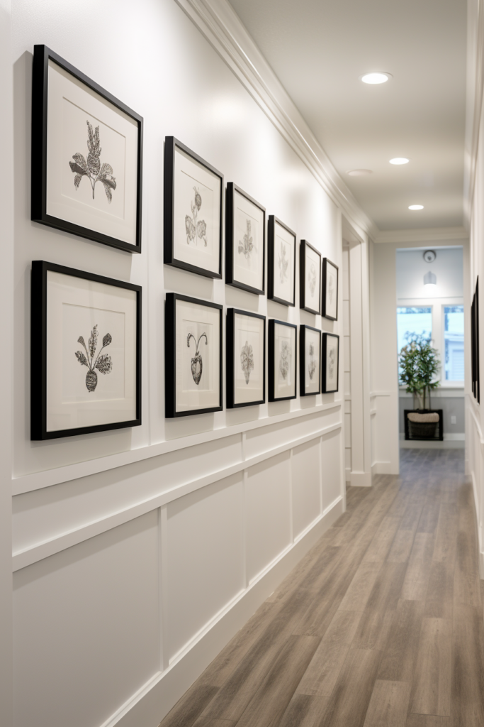 A hallway with framed pictures on the wall, creating a focal point that anchors the space.