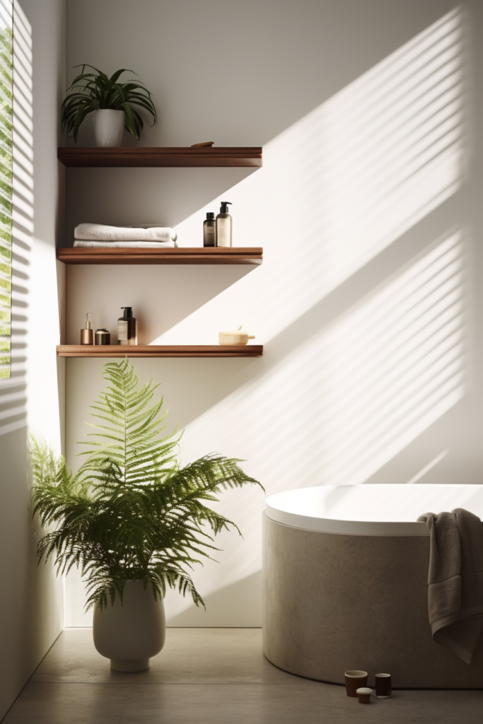 A creative white bathroom with a plant display on the shelf.