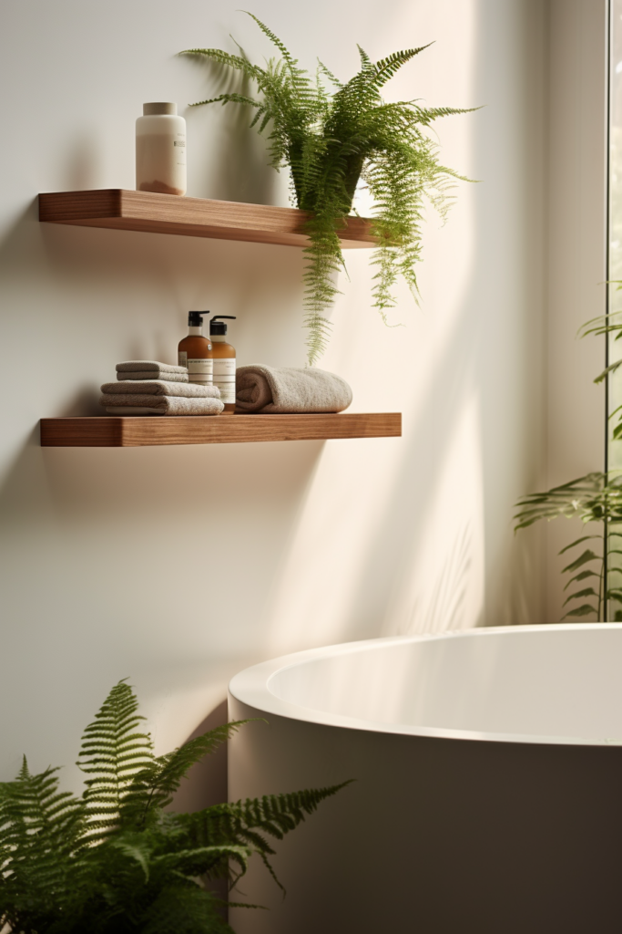 A creative bathroom with a plant display and shelves, perfect for windowless spaces.