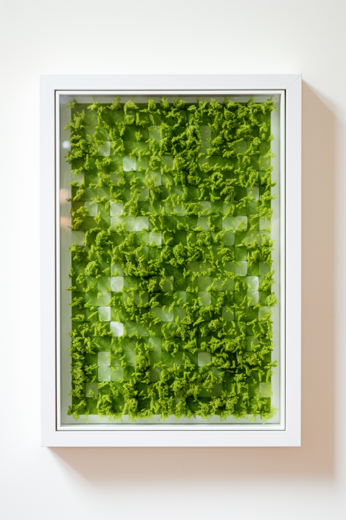A creative plant display showcasing a framed piece of green moss perfectly placed in a white frame.