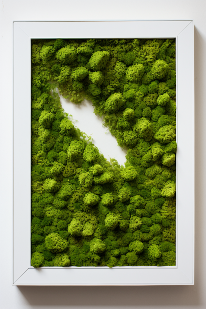A creatively placed piece of moss in a white frame provides an eye-catching plant display.