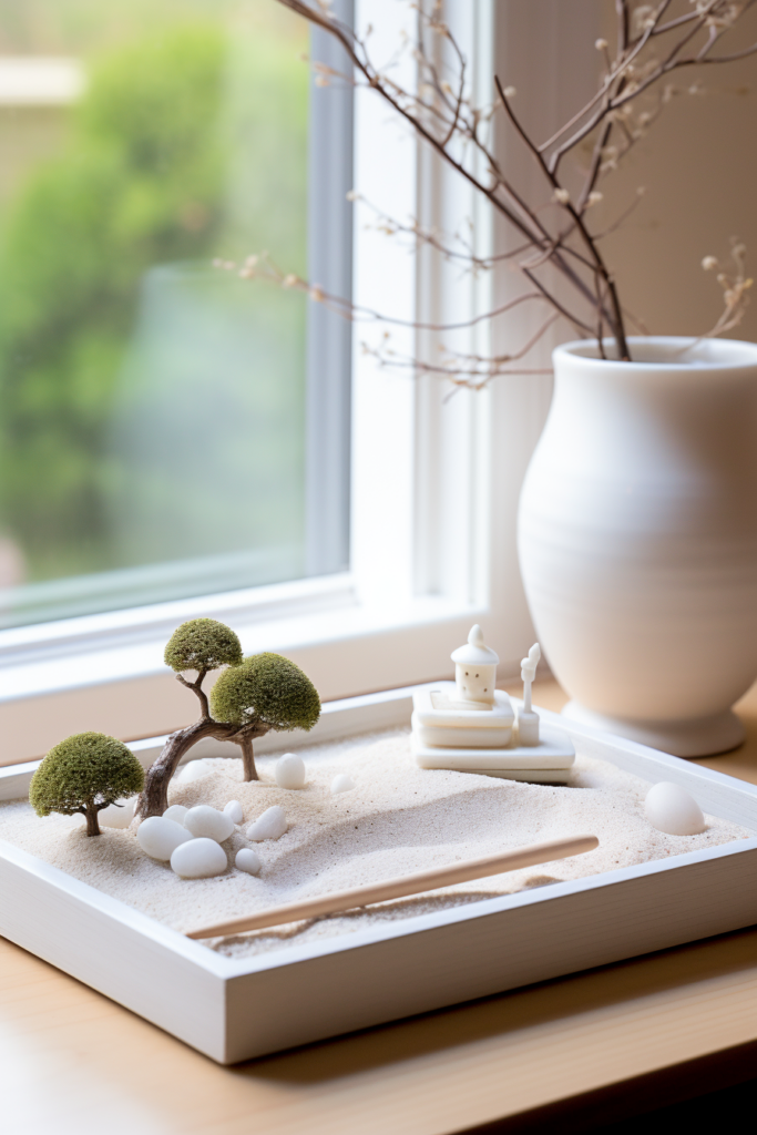A creative plant display with a small sand tray placed on a table next to a window.