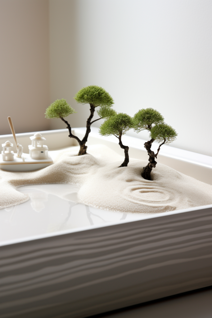 A creative plant display featuring a sand tray with two small trees, ideal for windowless bathrooms.
