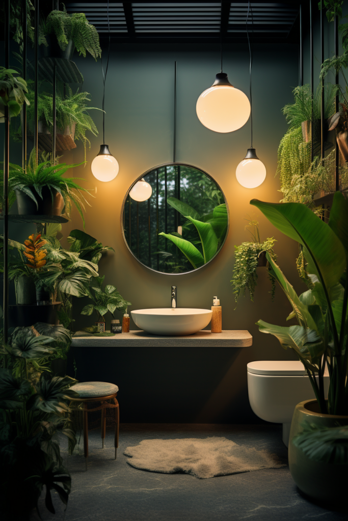 A creatively designed bathroom with a plant display and a strategically placed sink.