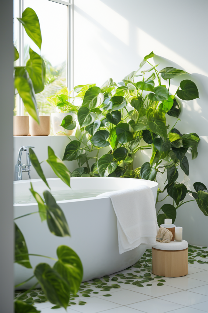 A creatively designed bathroom with a plant display and a bathtub.