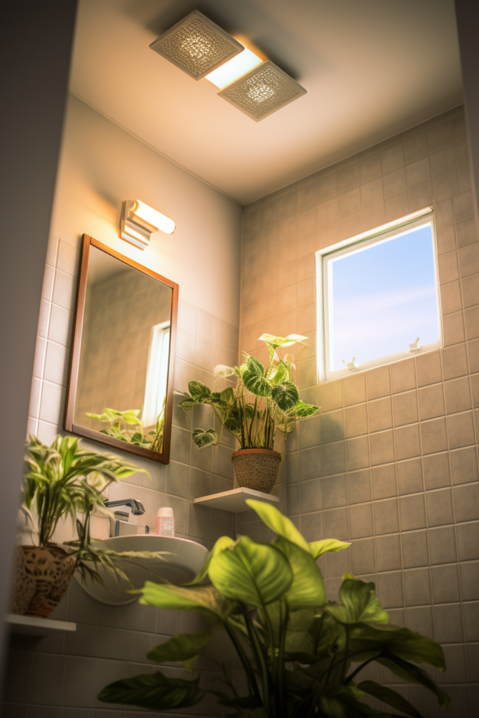 A bathroom with a creatively placed plant display and a window.