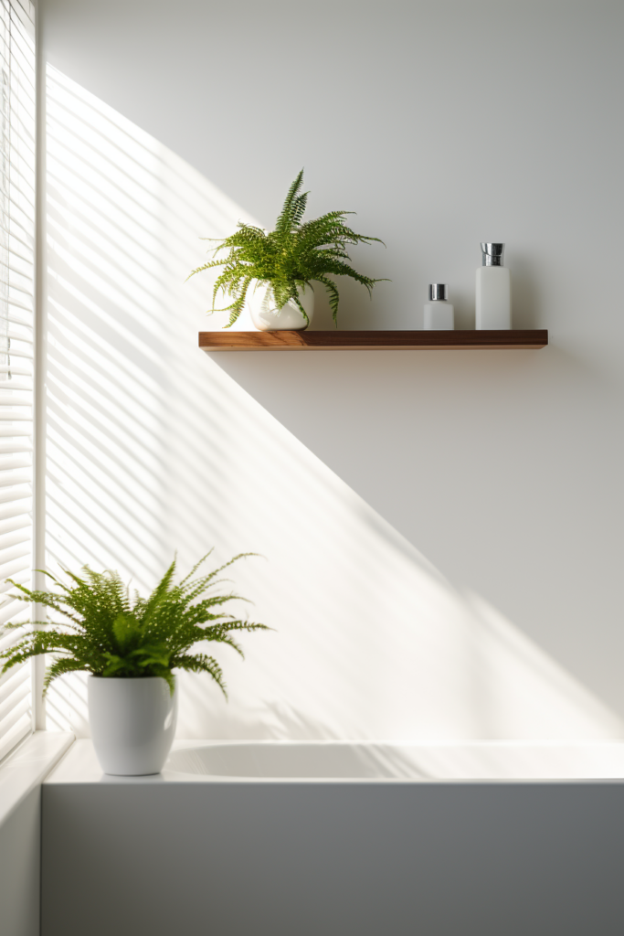 A white bathroom with a creative plant display on a shelf.