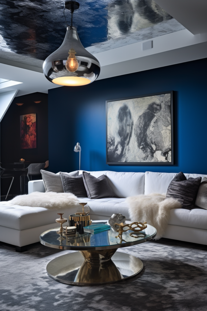 A creatively decorated living room with blue walls and a coffee table.