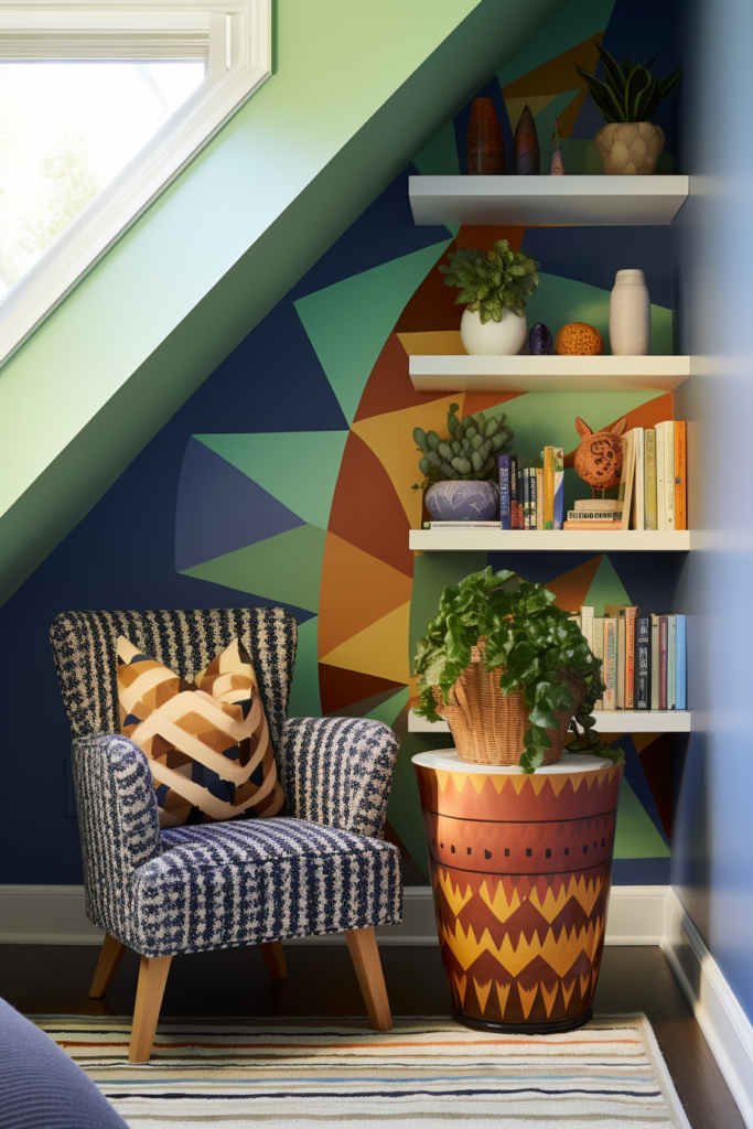 A room with a creative and colorful mural as wall art, complemented by a chair.