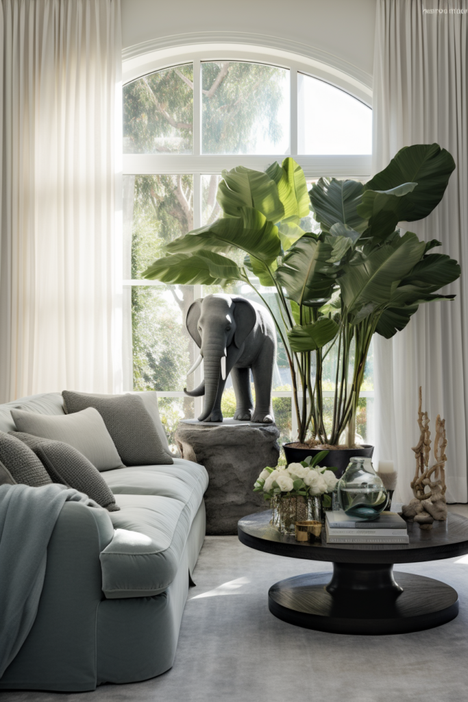 A creatively decorated living room with an elephant statue as wall art.