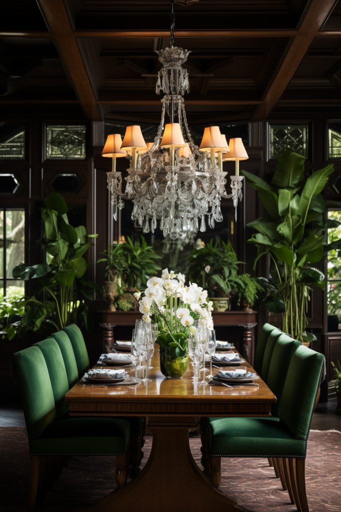A dining room table with green chairs, décor, and a chandelier.