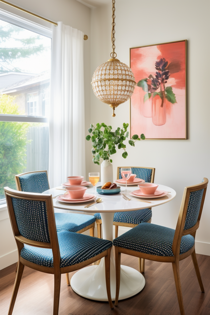 A dining room with blue chairs, adorned with a pink painting serving as wall art and adding a touch of creative décor.