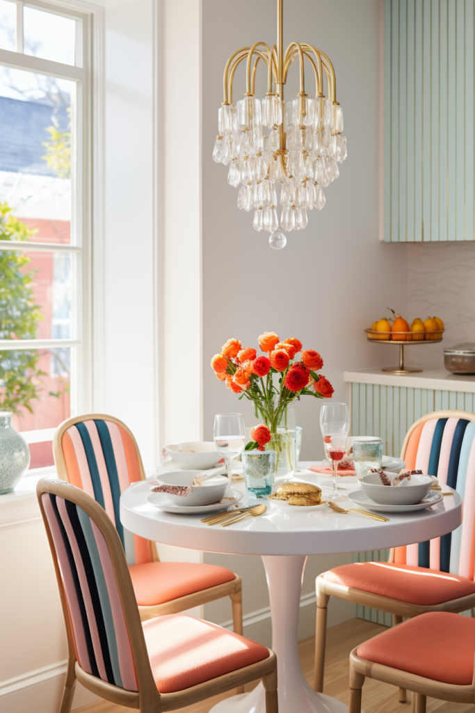 A dining room with vibrant wall art, colorful chairs, and a stunning chandelier.
