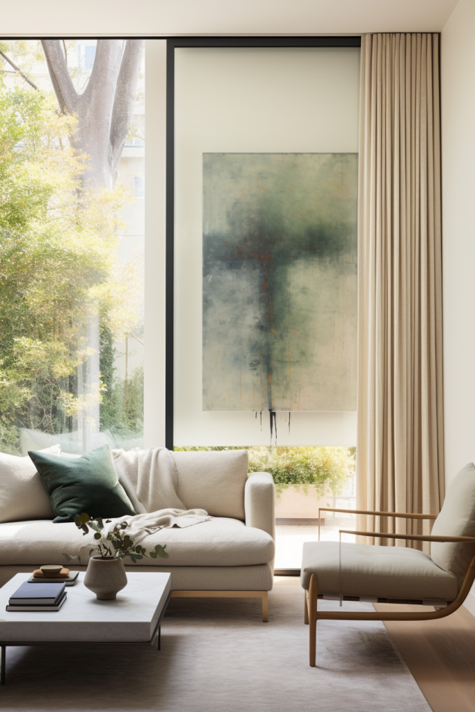 A living room with large windows showcasing a large painting, enhancing its creative and stylish décor.