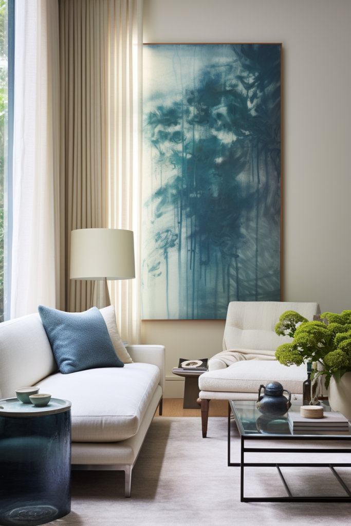 A living room with creative wall art as the décor centerpiece.