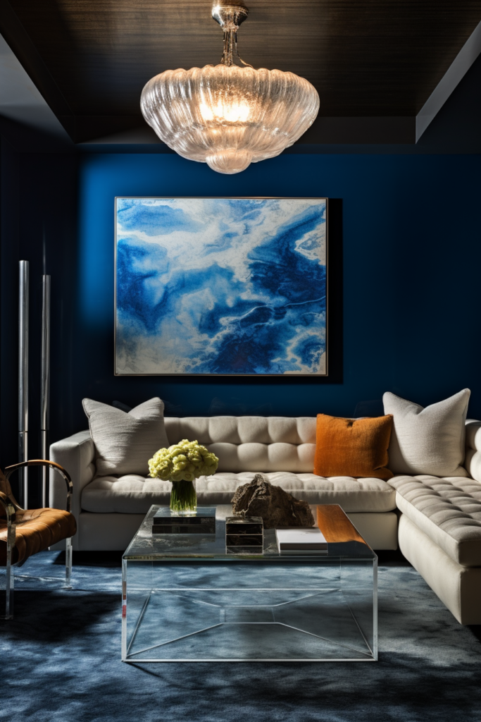 A living room with creative wall art featuring a large painting complementing the blue walls.