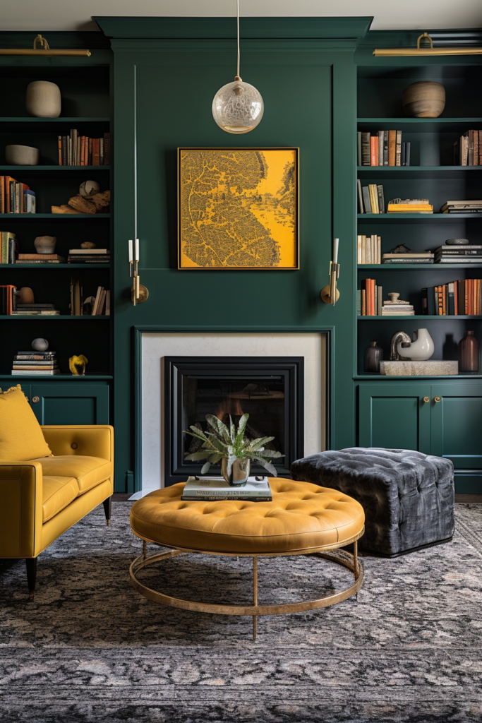 A living room with creative wall art, featuring green walls and a yellow ottoman as décor.