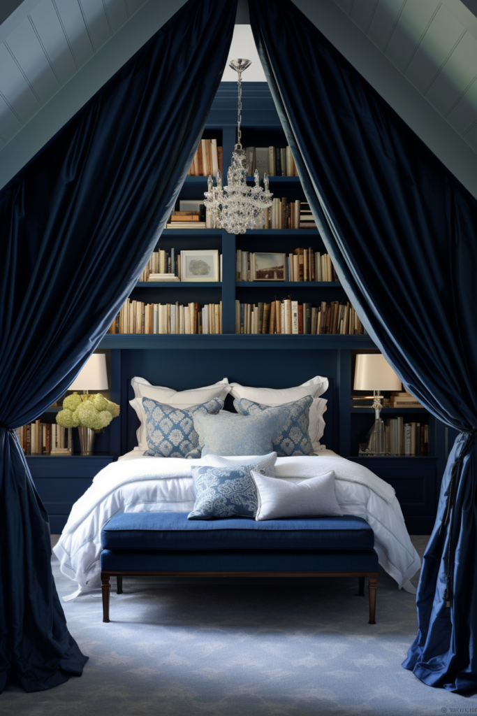 A creatively decorated blue bedroom with a bed and bookshelves featuring unique wall art and décor.