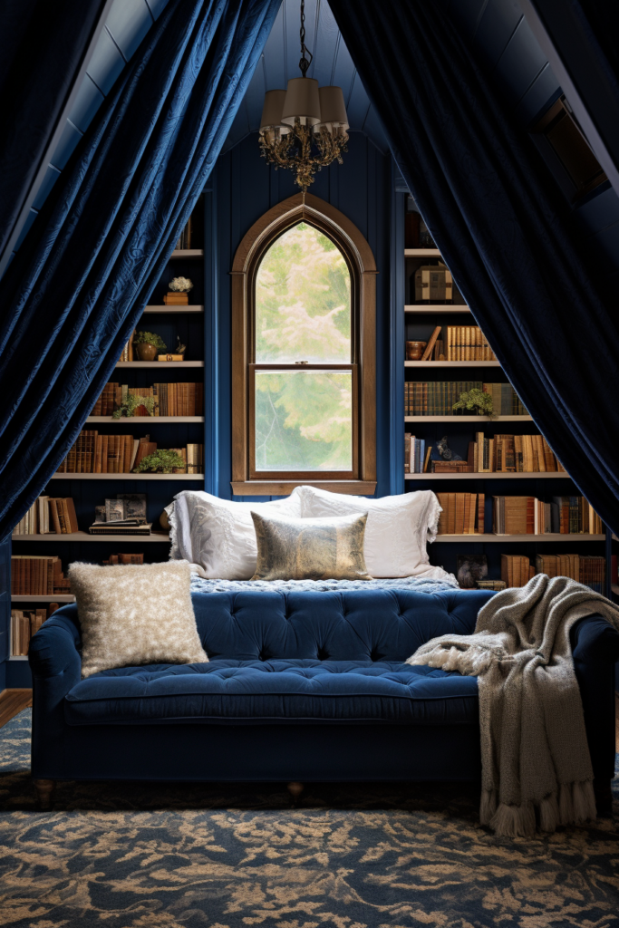 A creatively decorated attic bedroom with a blue couch, bookshelves, and wall art.
