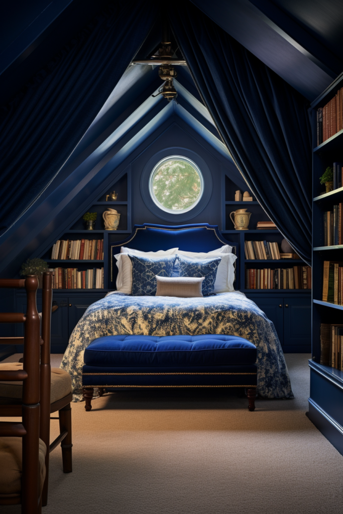 An attic bedroom with a bed and bookshelves, featuring creative wall art décor.
