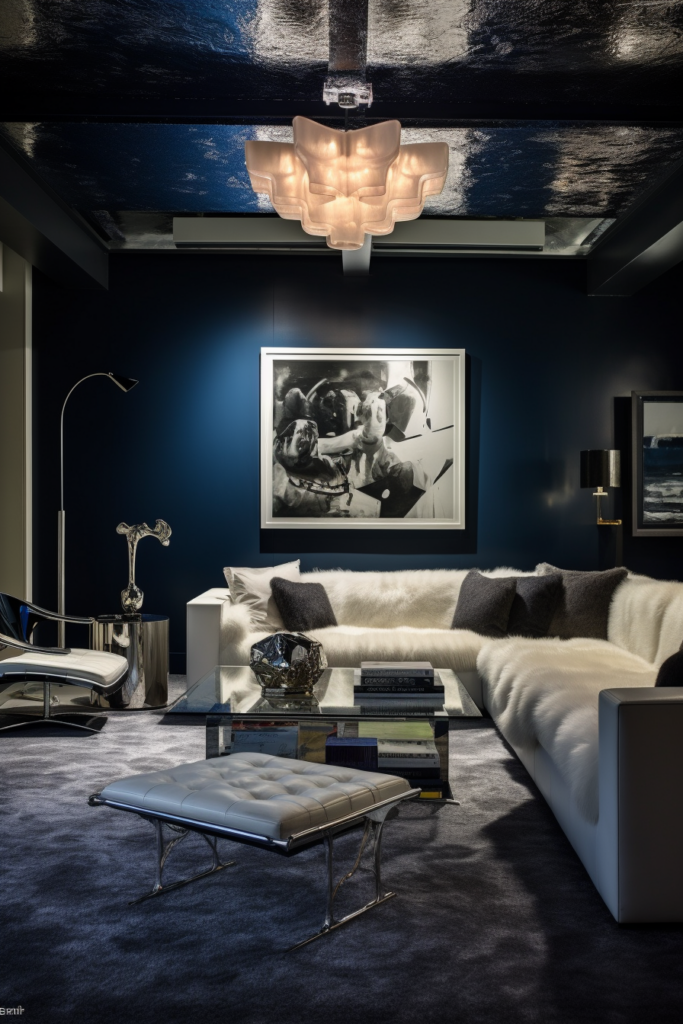 A living room with blue walls adorned with wall art.