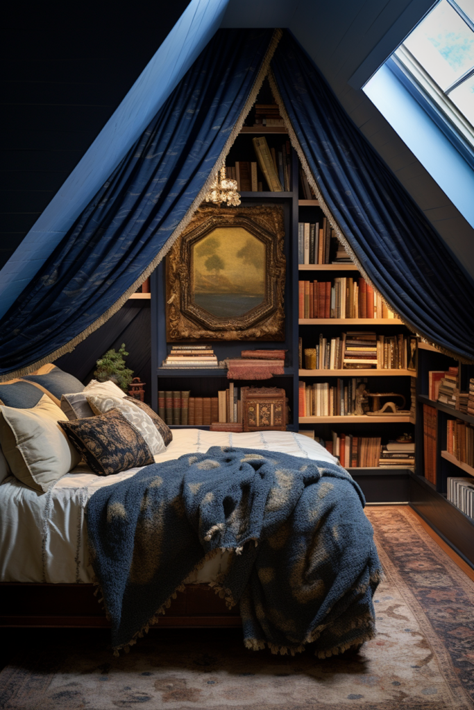 A creatively decorated attic bedroom with a bed, bookshelves, and wall art.