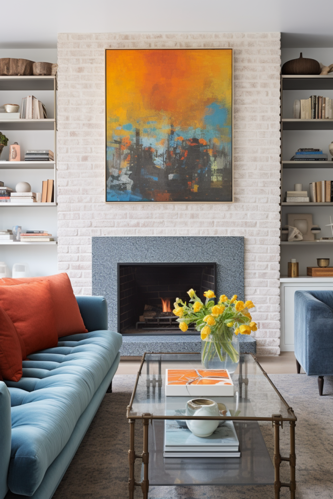 A living room with creative wall art, blue couches, and a fireplace.
