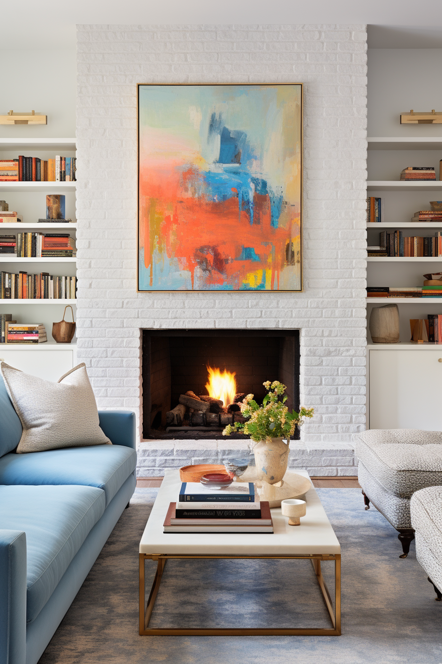 A living room with blue couches and a fireplace featuring creative wall art.