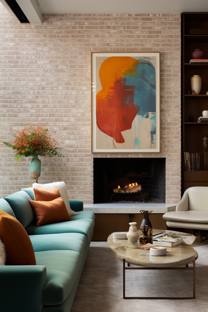 A living room with a fireplace and a creative painting on the wall.