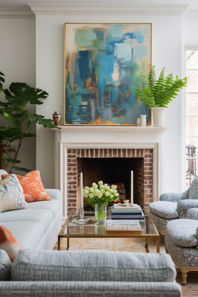A creatively decorated living room with blue couches, wall art, and a fireplace.