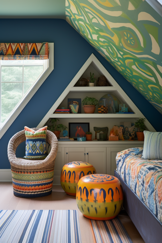 A room with a window, decorated with wall art and stylish décor.