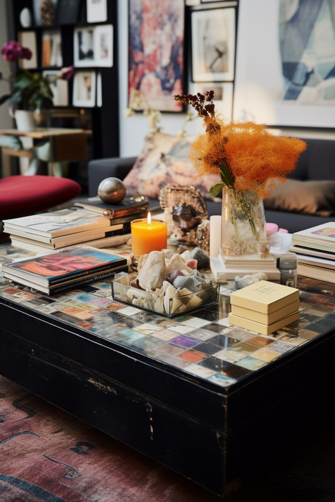 A coffee table in a living room with personalized art projects and books on it.