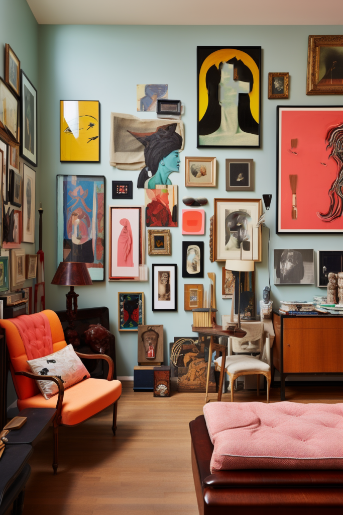 A room with personalized wall installations featuring customized and DIY art projects.