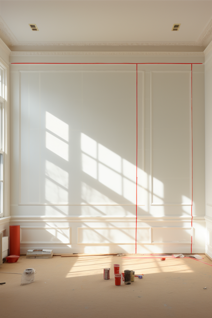 A room with customized wall installations, featuring white walls adorned with a red line on the floor.