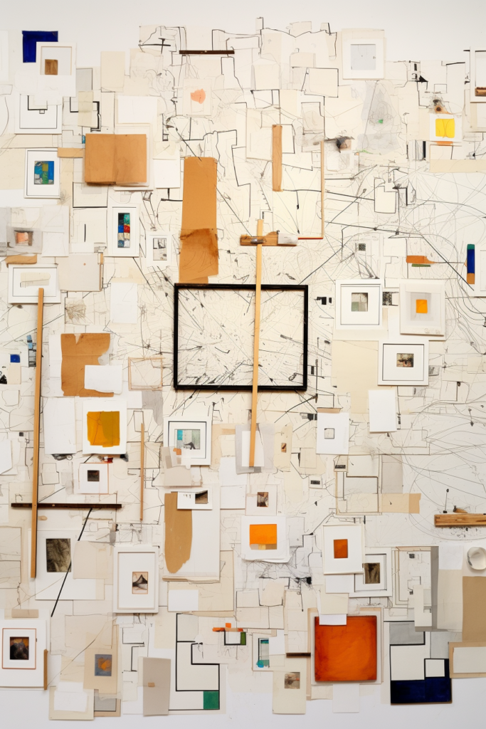 A customized wall installation featuring various pieces of paper.