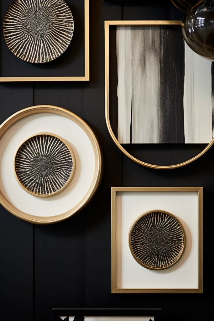 A customized black wall is adorned with gold and black framed art pieces.