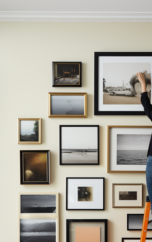 A woman is customizing a wall full of framed pictures with a DIY art project.