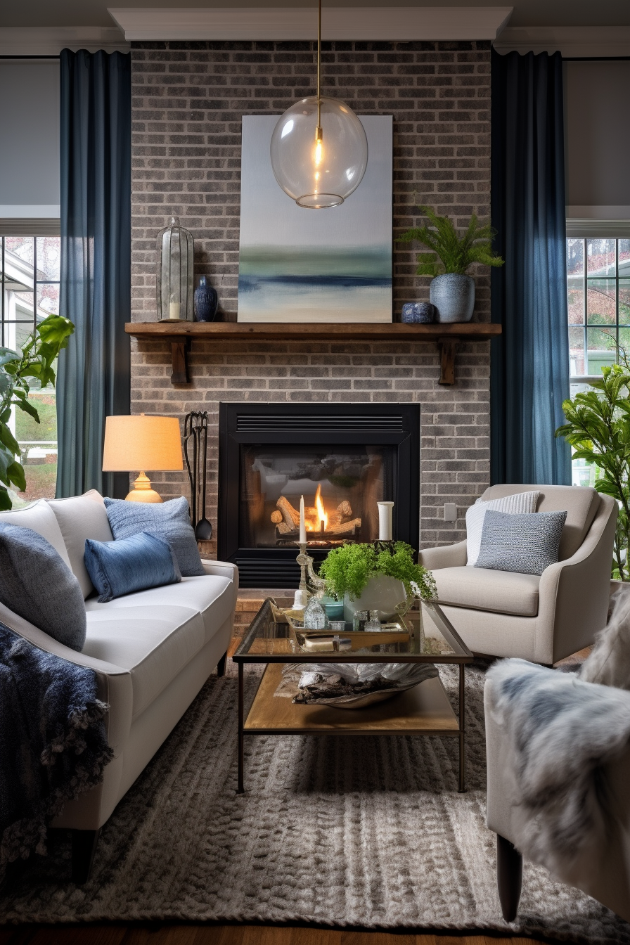 A living room with a brick fireplace and blue couches, perfect for decorating and utilizing awkward corners.