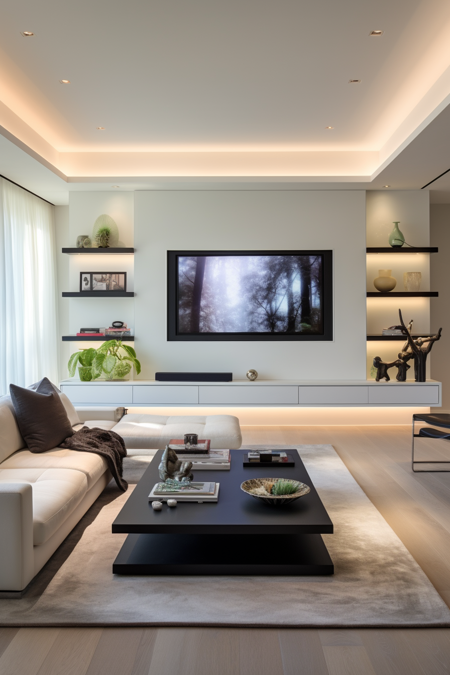 A modern living room with white furniture perfectly decorating an awkward corner, featuring a large TV.