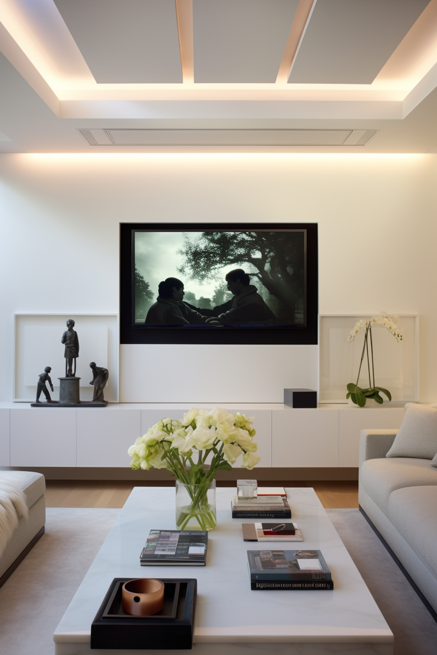 A white living room with a TV on the wall, decorated to minimize awkward corners.