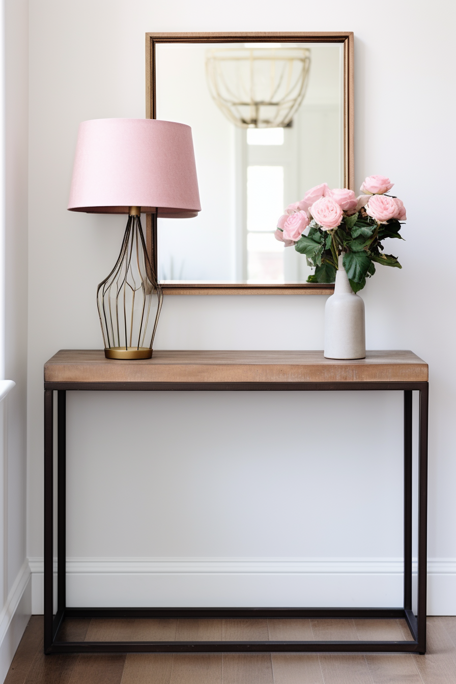 A console table with pink flowers and a mirror, perfect for decorating small living rooms with awkward corners.