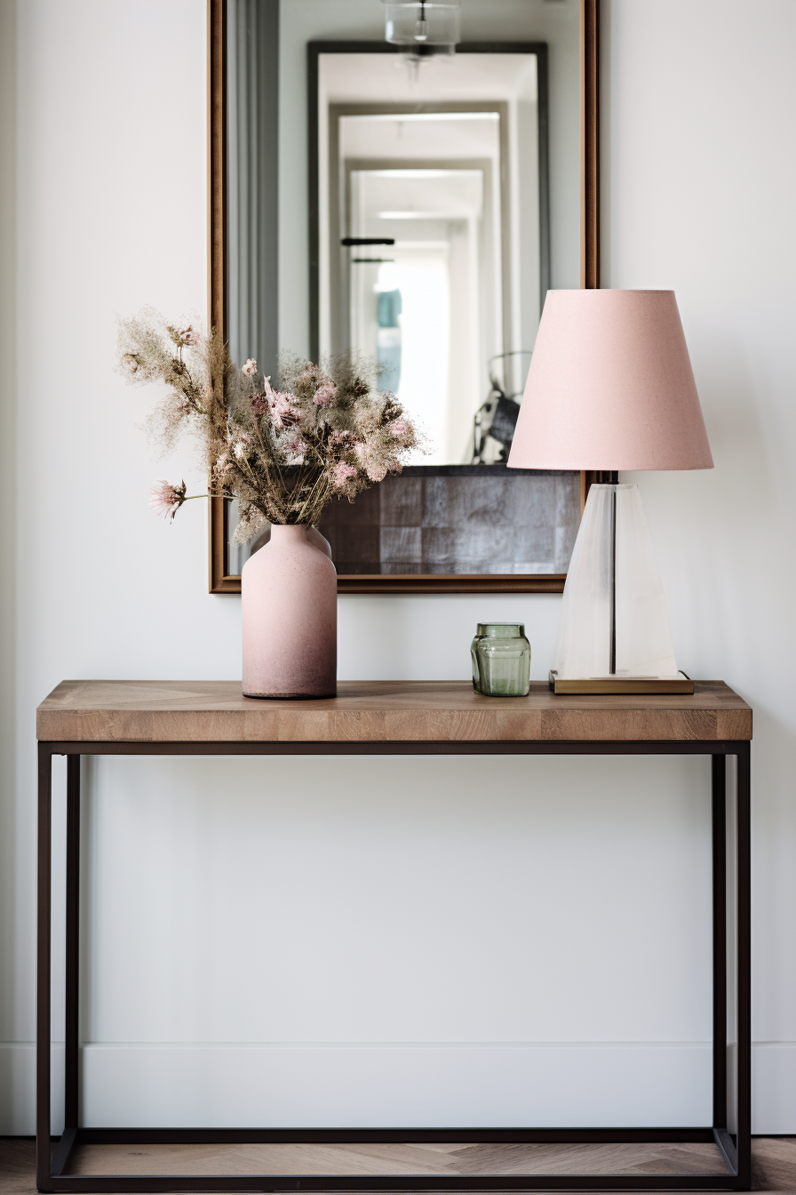 A console table with a pink vase and a mirror, perfect for decorating small living rooms with awkward corners.